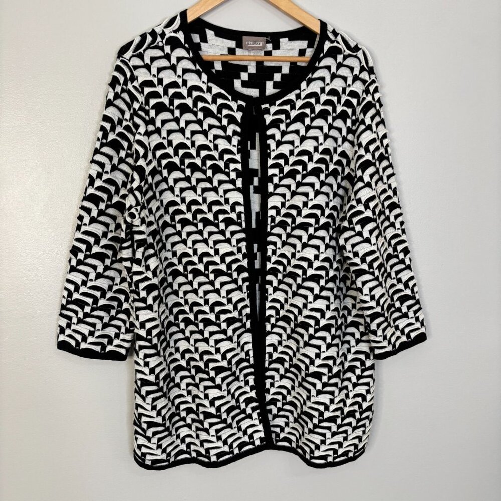 Chico's Cardigan 2 Women's Large Black White Textured Knit 3/4 Sleeve Cotton